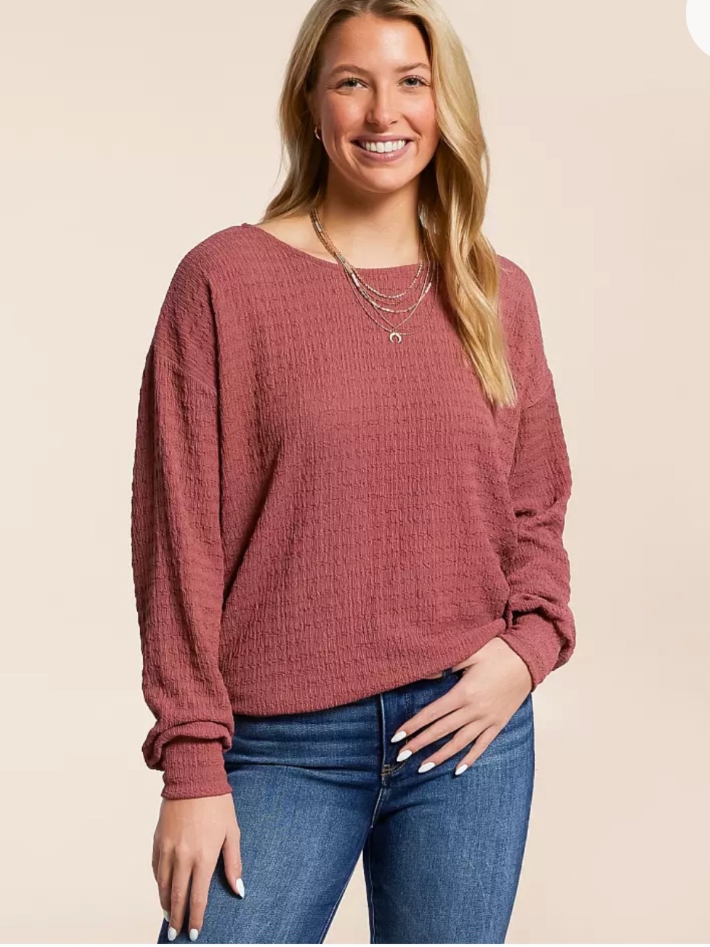 Daytrip Textured Dolman Top Cozy Textured Long-Sleeve Bow Deco Rose Medium